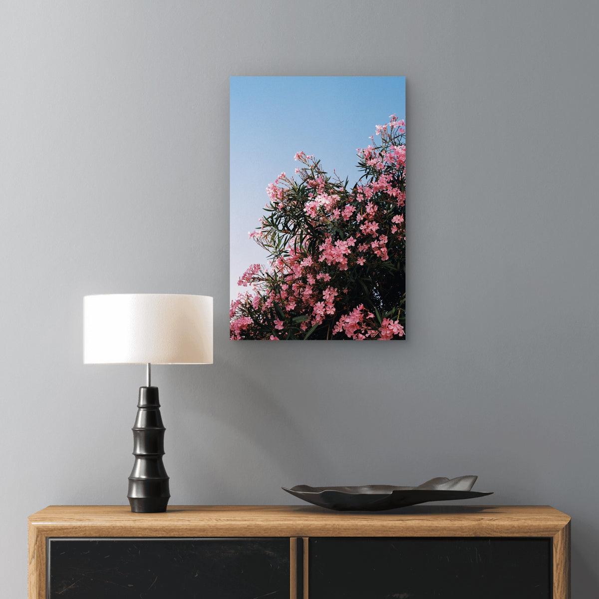 Pink Oleander Flowers Blooming Against Blue Sky 60x90cm Metal Print Ready to Hang