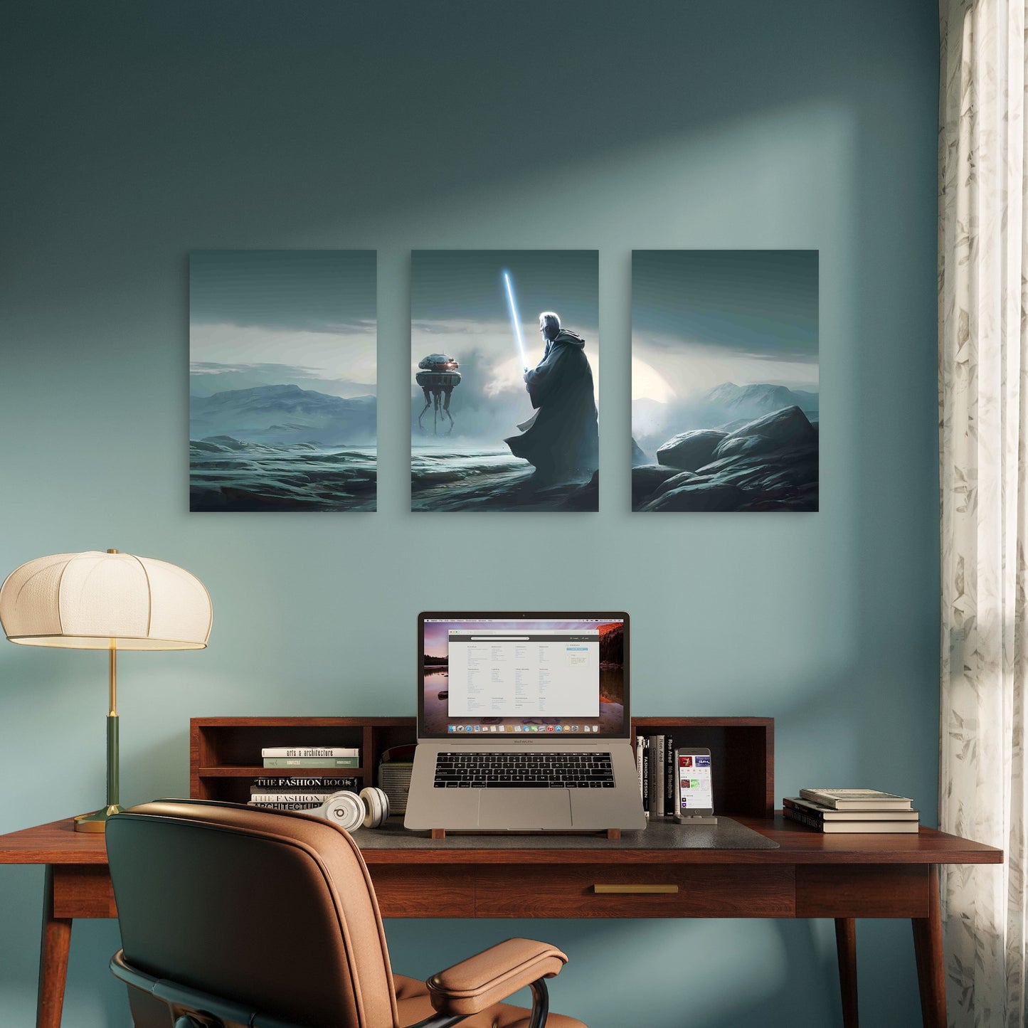 3pcs Sage with Glowing Laser Sword Desert Planet Metal Print Ready to Hang Art