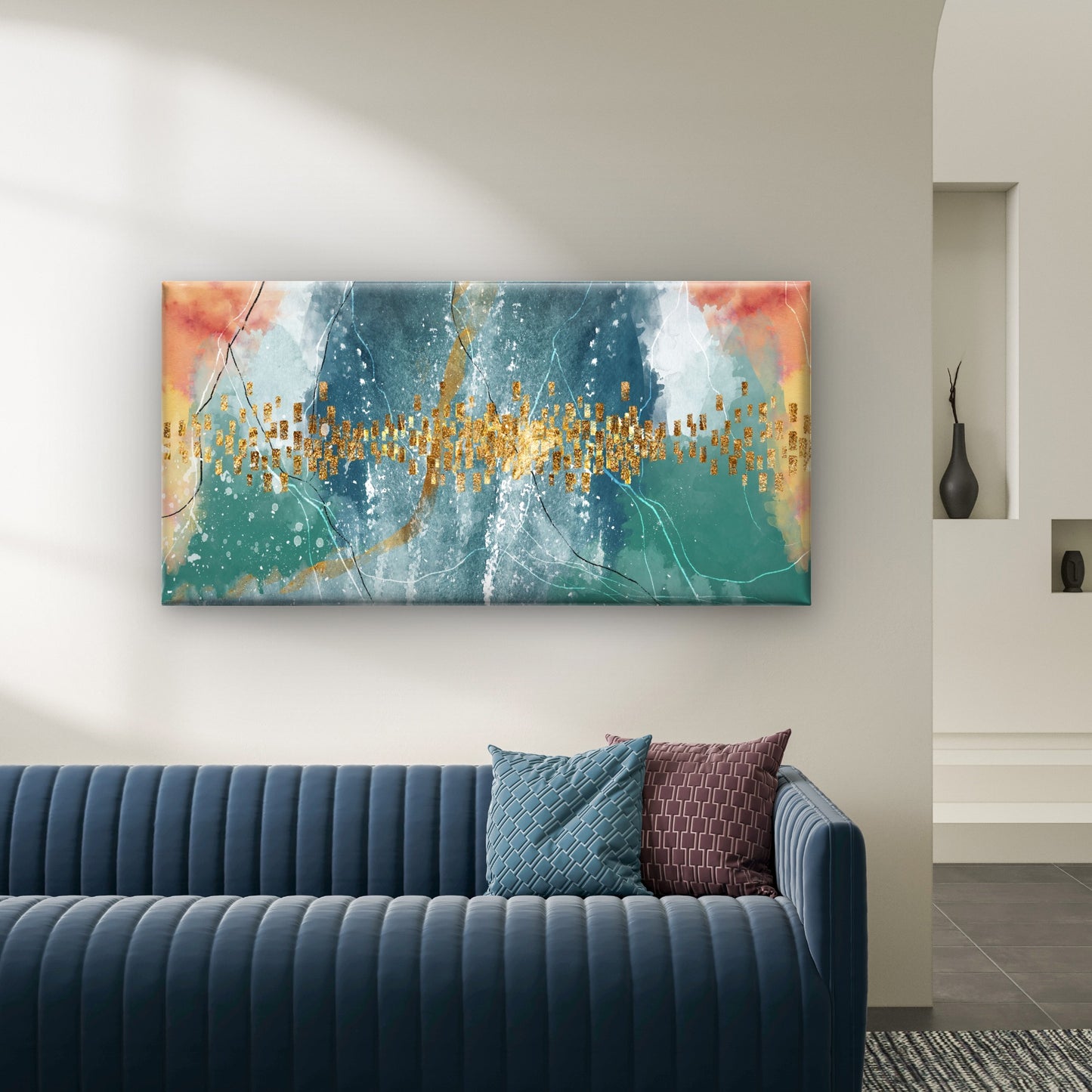 Teal Coral Gold Abstract Modern Wall Art Canvas Office Home Room Framed 120x60cm
