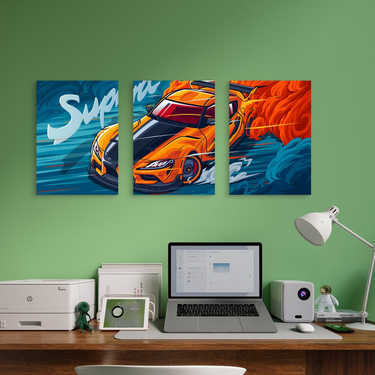 3pcs Fiery Tangerine Cyan Asphalt Drift Metal Print Ready to Hang Art