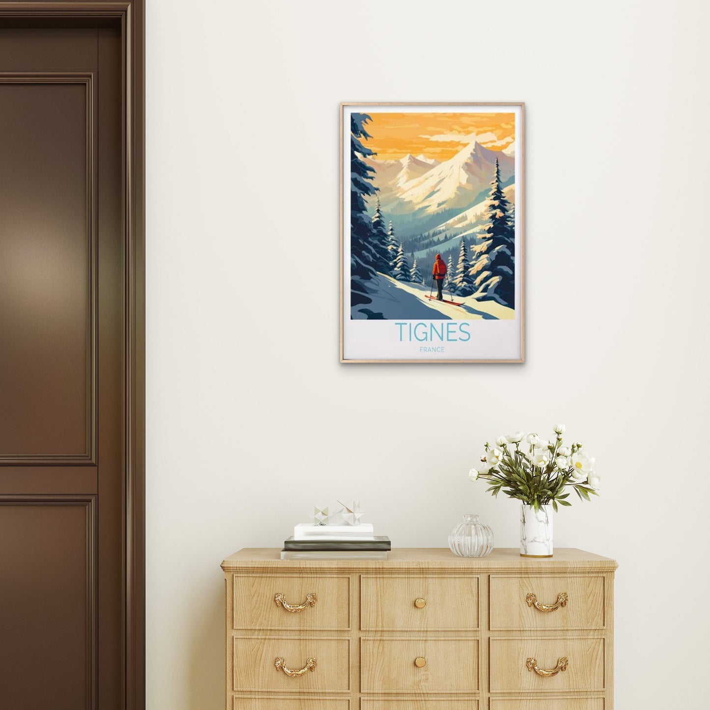 Tignes France, Snow Mountains & Ski Man Travel Poster Print Wall Art - Bella Home Decor