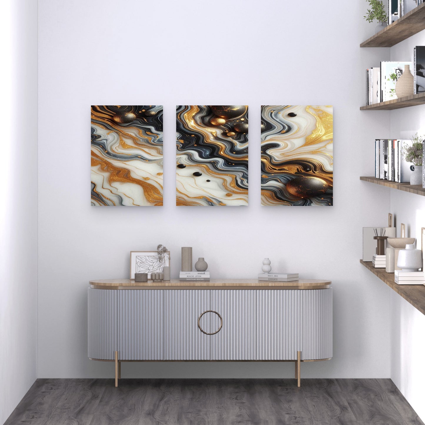 3pcs Gold Black Marble With Gold Black Dots Metal Print Ready to Hang Art