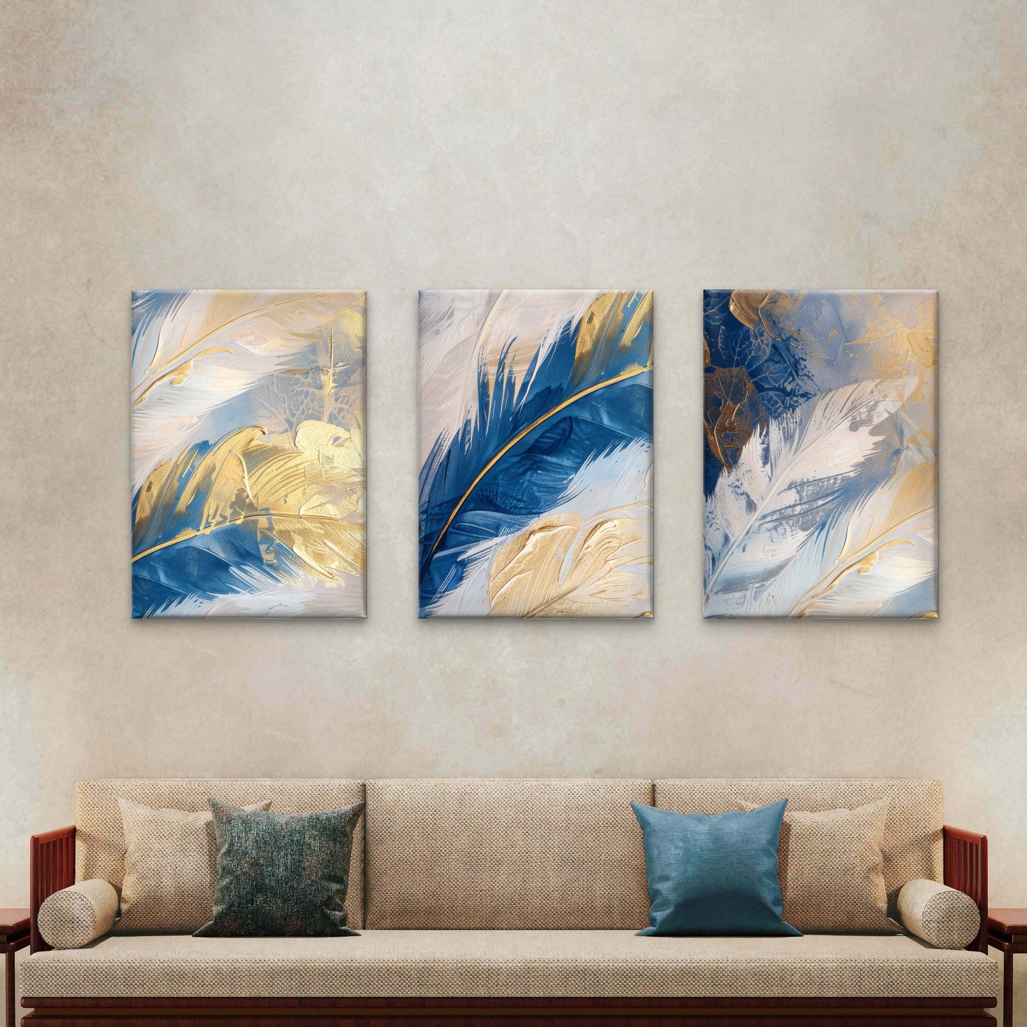 3pcs Royal Blue Gold Feather Abstract Painting Wall Art Set Canvas Framed 60x90cm - High Quality Print 100% Australian Made Wall Canvas Ready to Hang