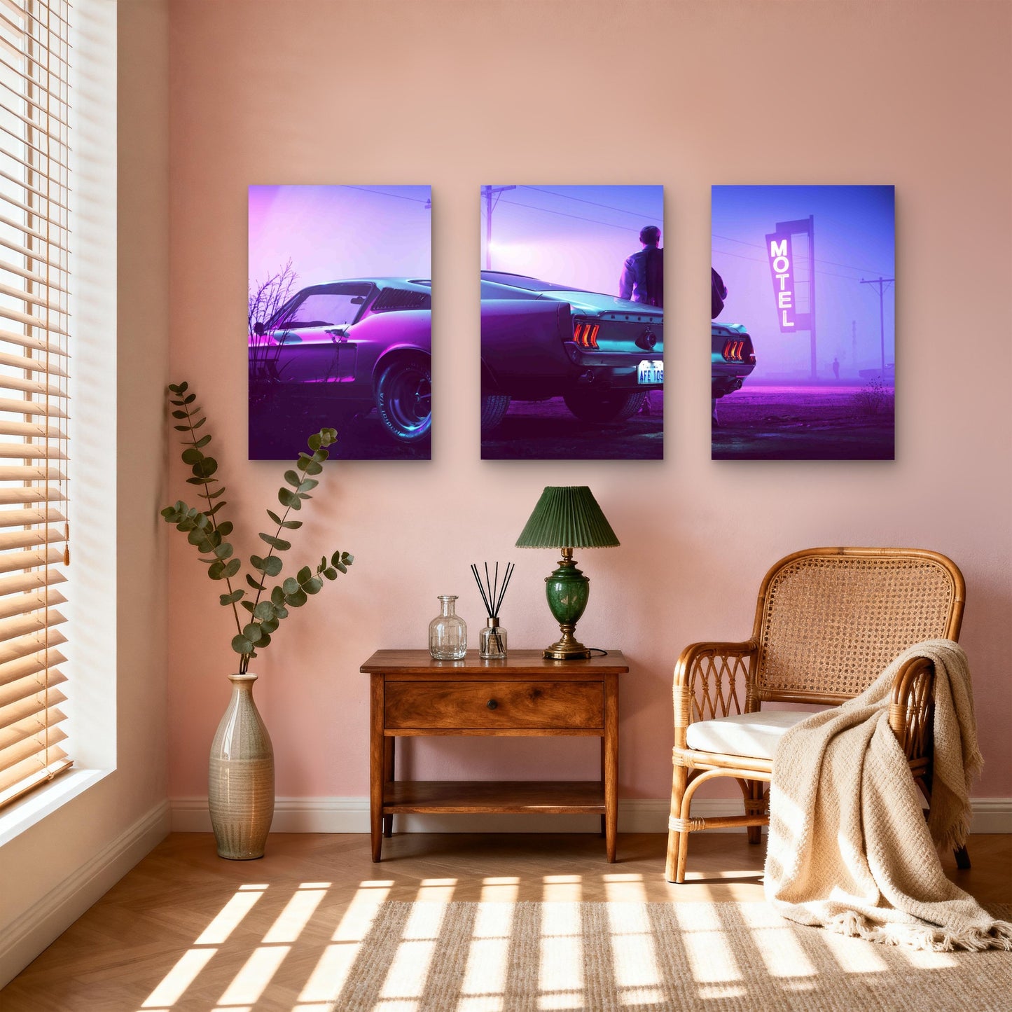 3pcs Muscle Car Neon Motel Synthwave Cinematic Metal Print Ready to Hang Art