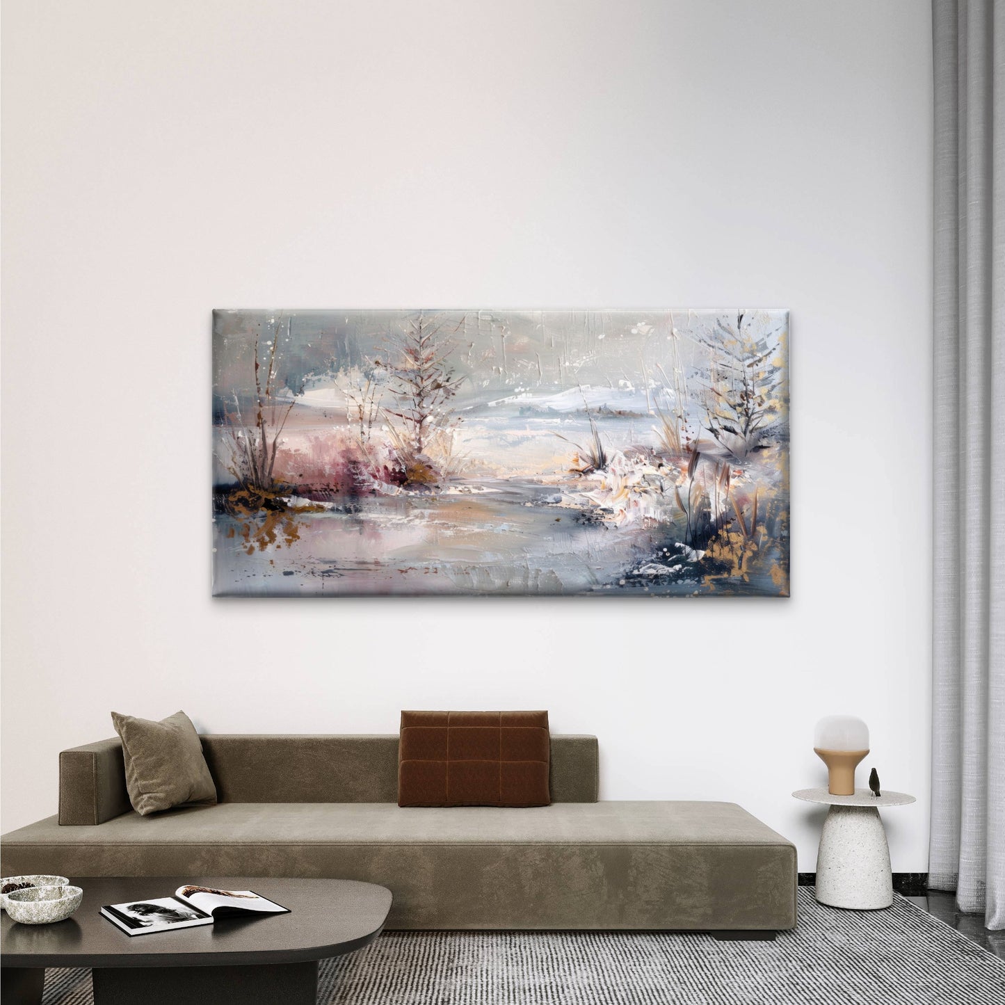 Winter Forest River Snow Grey Wall Art Canvas Office Home Room Framed 120x60cm