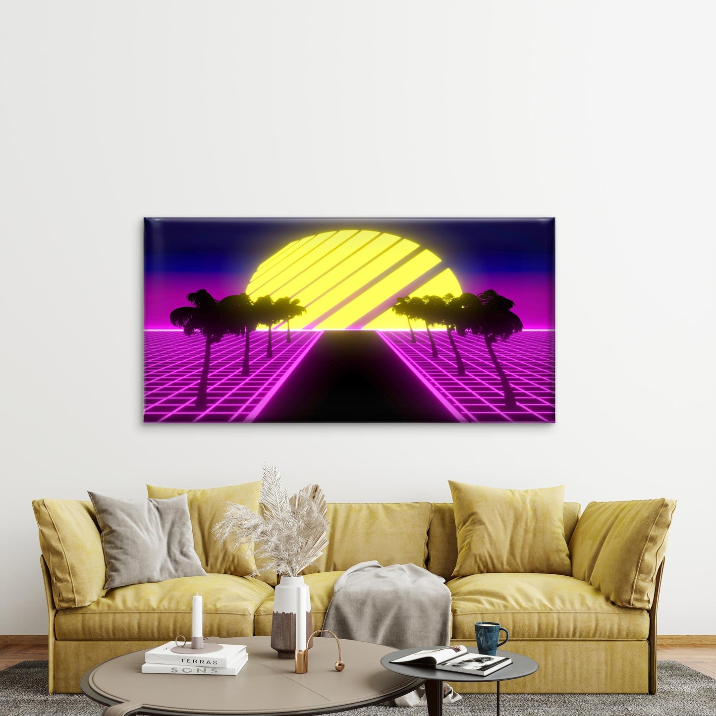 Neon Retro Futuristic Sunset Wall Art Canvas Office Home Room Framed 120x60cm - Bella Home Decor