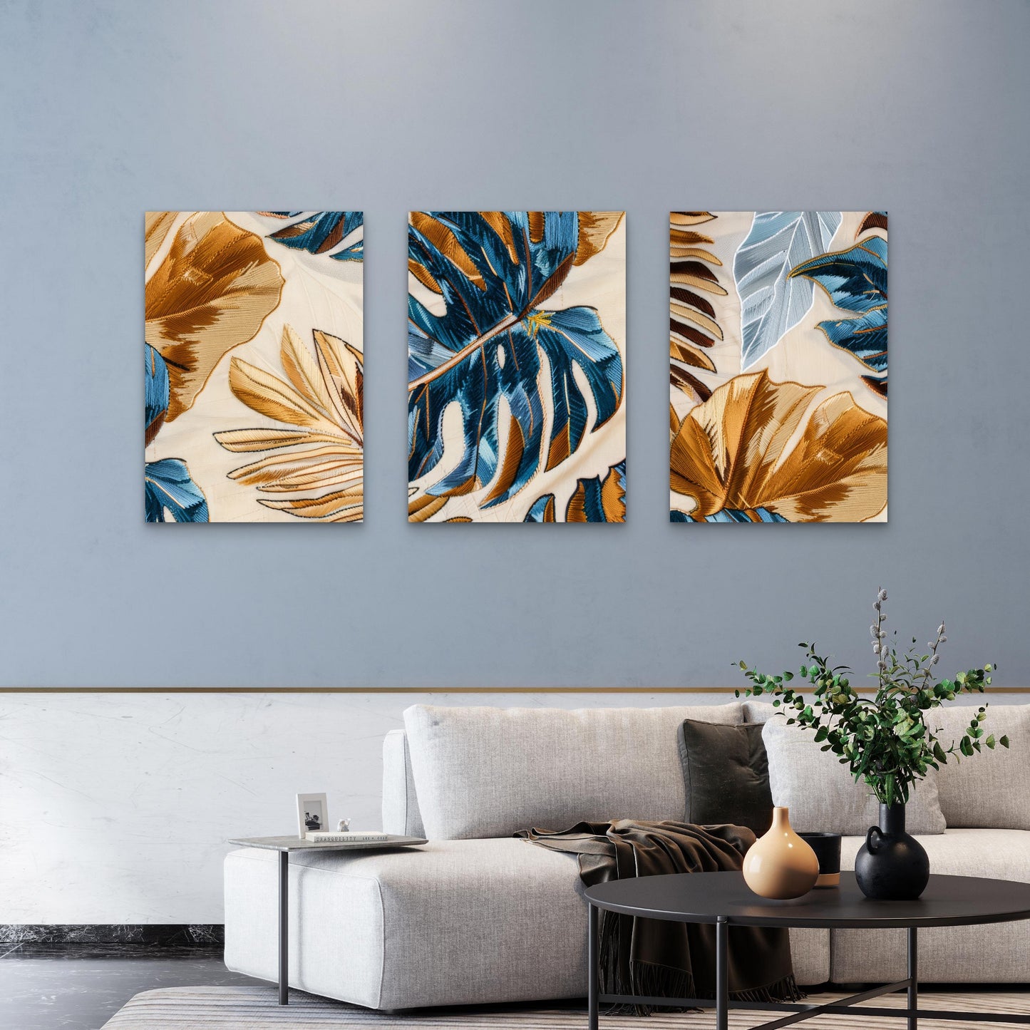 3pcs Blue And Gold Embroidered Tropical Palm Leaves Monstera Wall Art Set Canvas Framed 40x60cm - High Quality Print 100% Australian Made Wall Canvas Ready to Hang