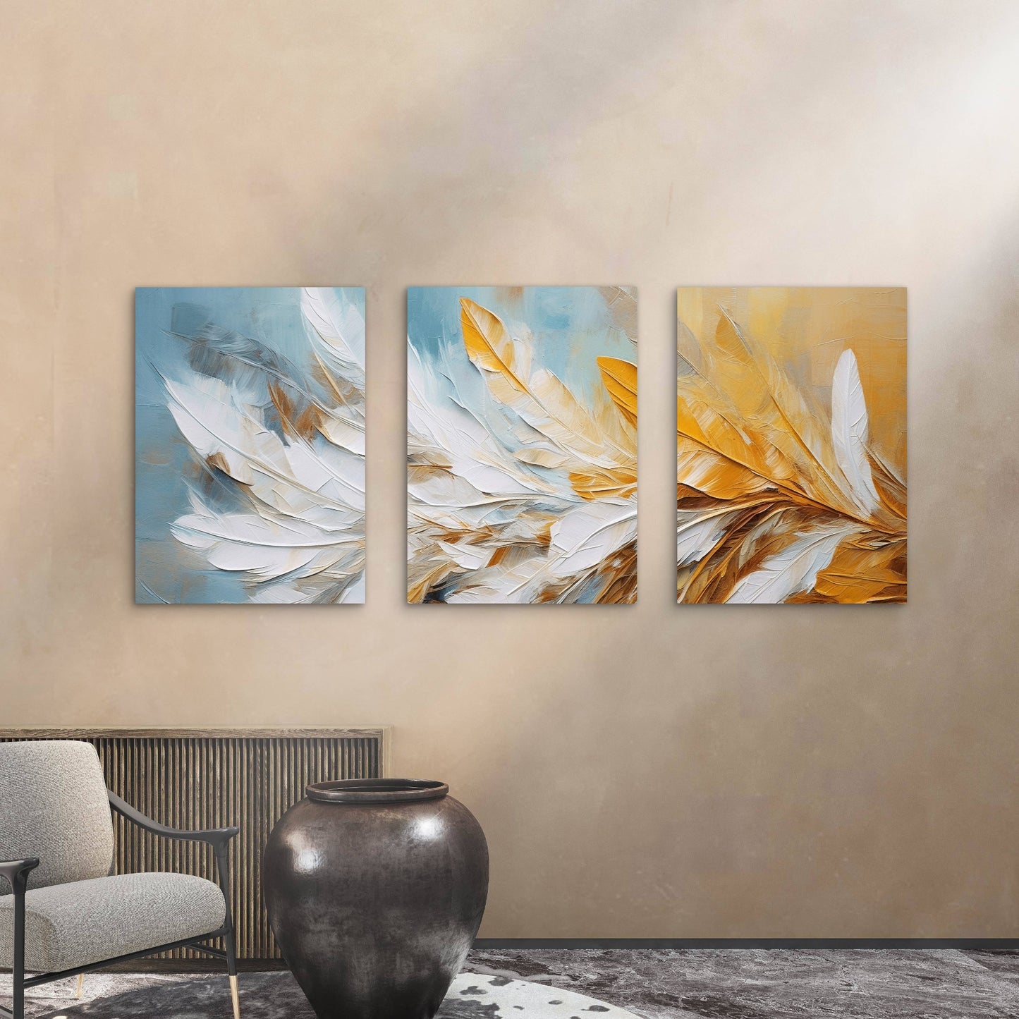 3pcs Modern Abstract Teal Yellow Feather Wall Art Set Canvas Framed 50x70cm - High Quality Print 100% Australian Made Wall Canvas Ready to Hang