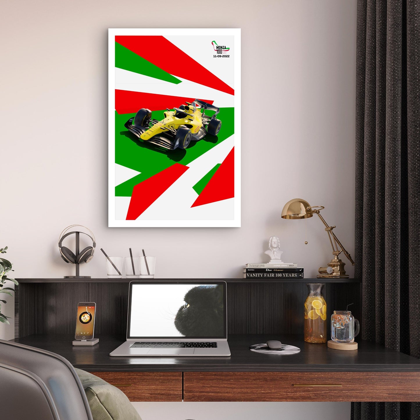 Vibrant Yellow Racing Car Tricolour Abstract 40x60cm Metal Print Ready to Hang