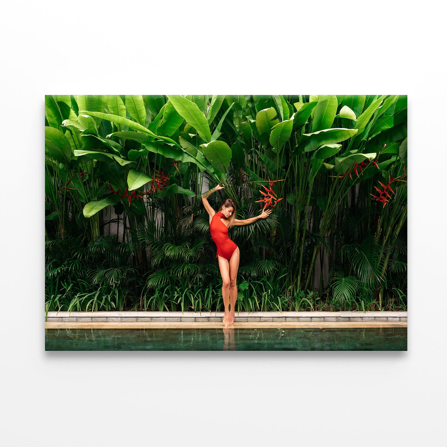Woman in Red Swimsuit by Pool Wall Art Decor 100% Australian Made