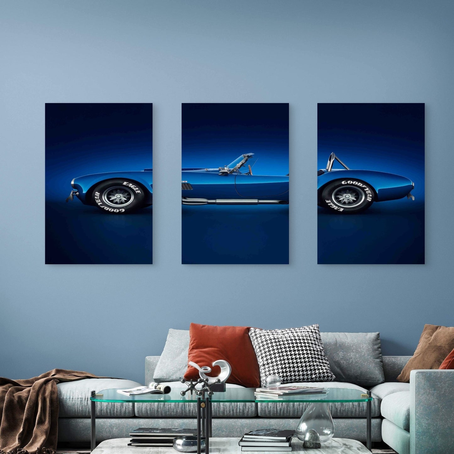3pcs Electric Blue Retro Roadster Metal Print Ready to Hang Art