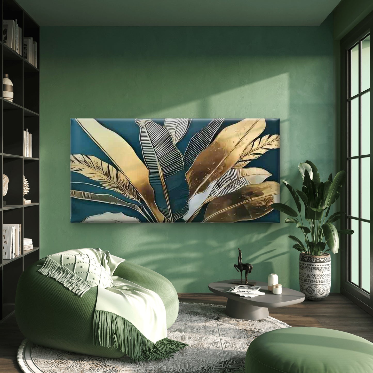 Golden Tropical Monstera & Palm Wall Art Canvas Office Home Room Framed 120x60cm - Bella Home Decor
