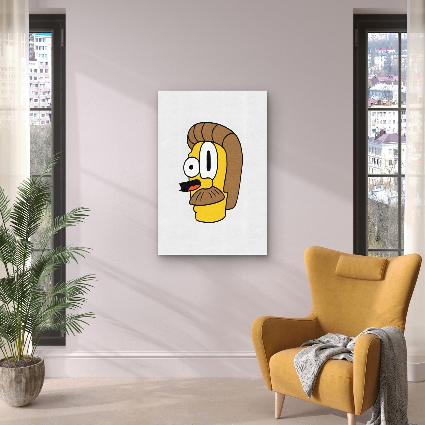 Yellow Mustache Cartoon Retro Pop Art 40x60cm Metal Print Ready to Hang