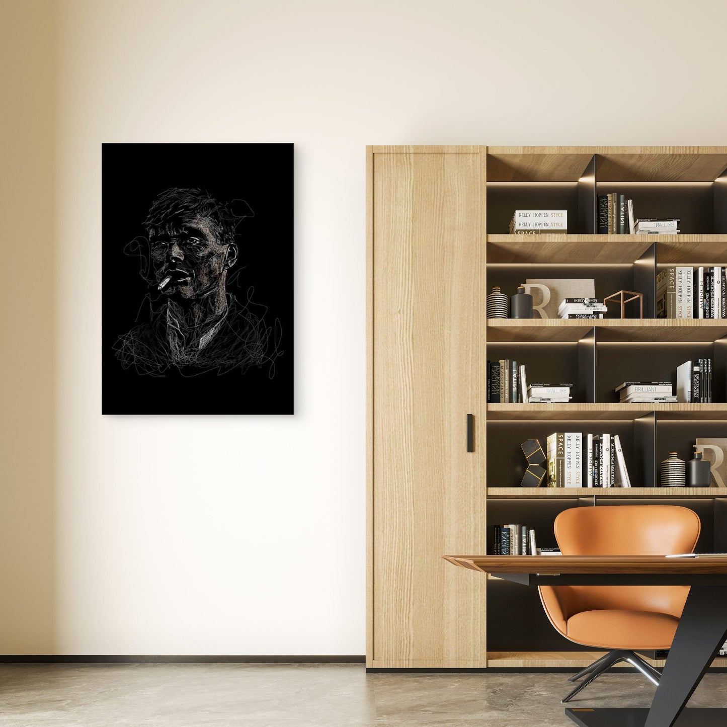 White Sketched Man Smoking Cigarette 40x60cm Metal Print Ready to Hang