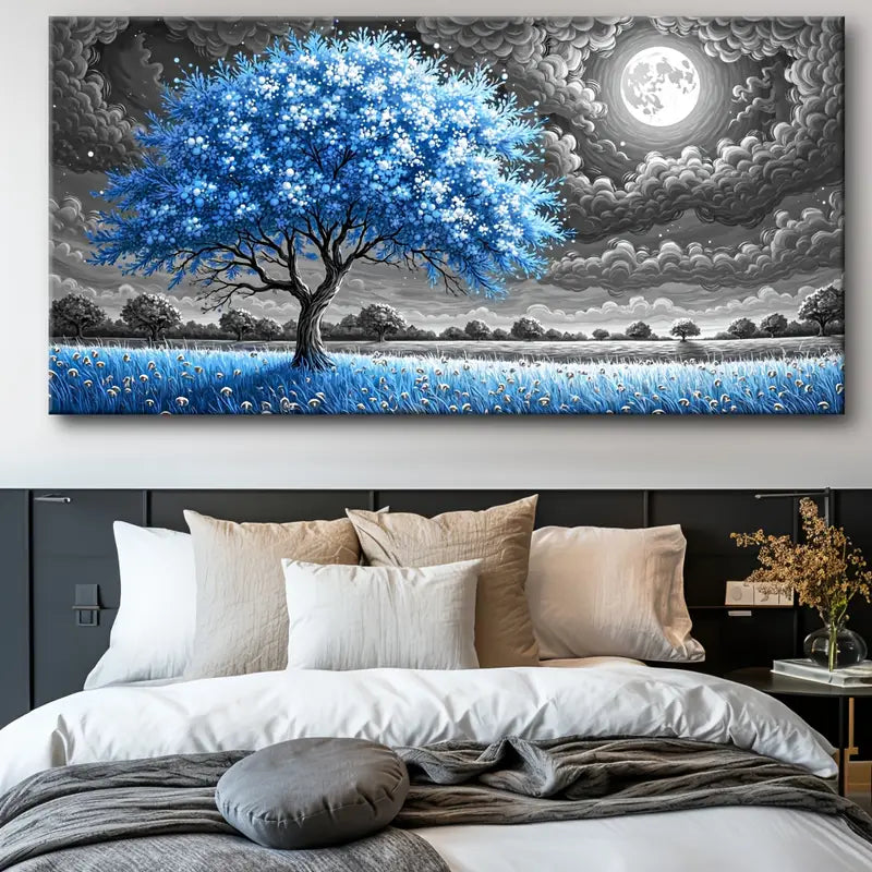 Blue Tree Under Moonlit Sky wall canvas office home room framed 120x60cm - Bella Home Decor