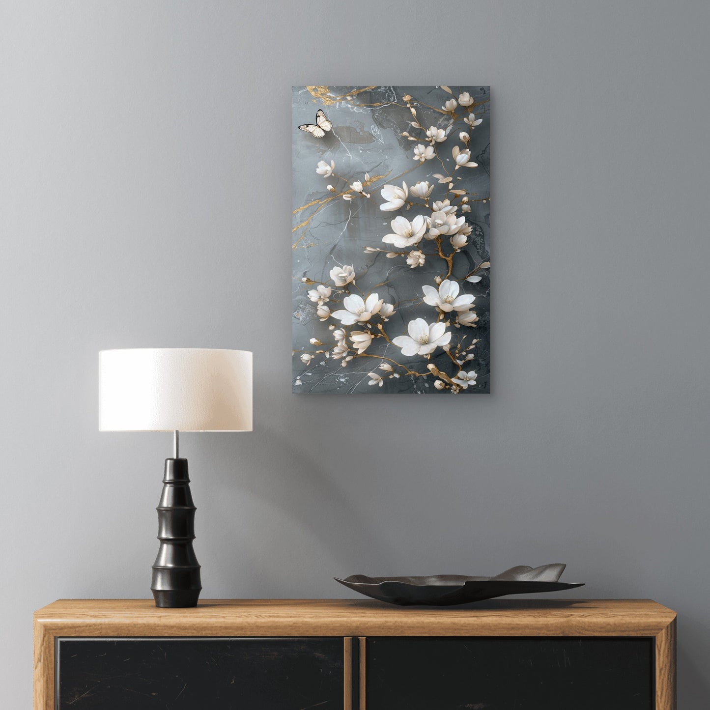 Grey Gold Magnolia Blossom Butterfly 40x60cm Metal Print Ready to Hang