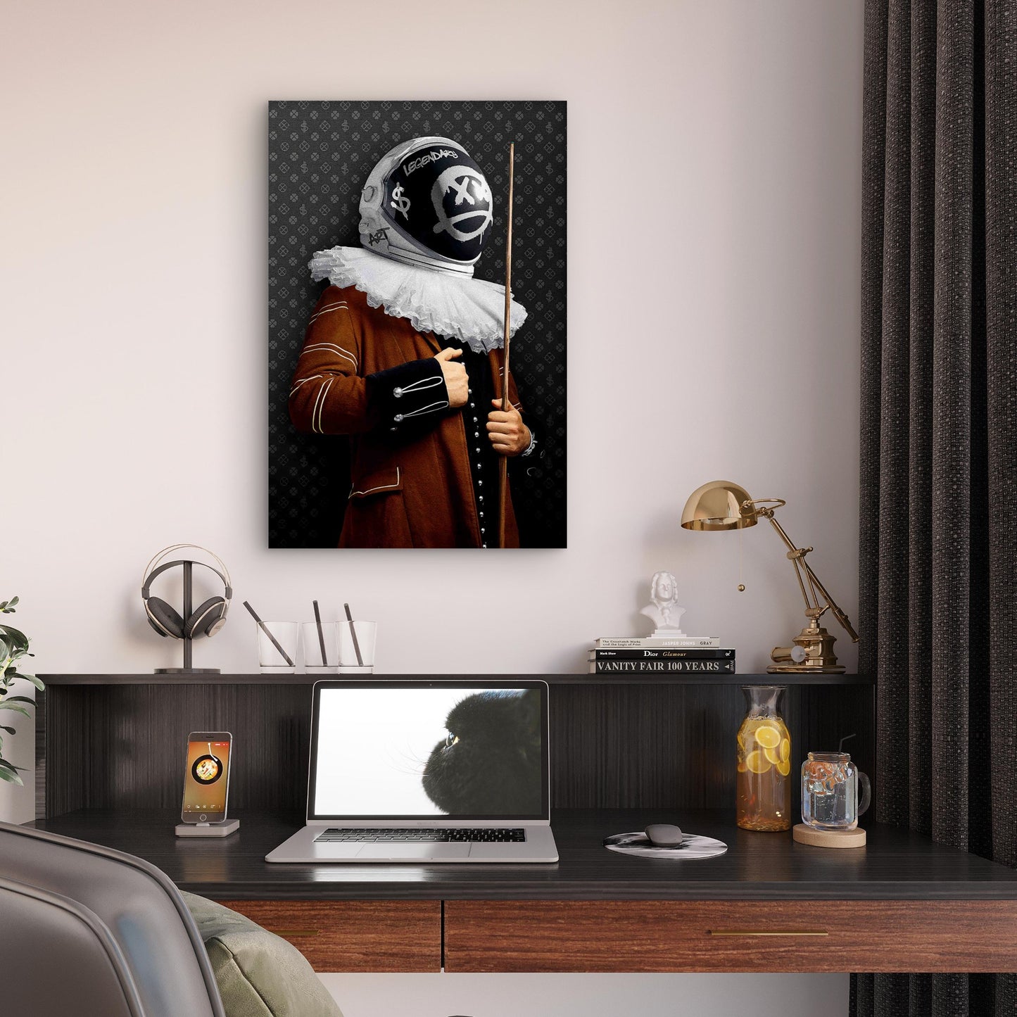 Baroque Astronaut Helmet Pool Cue Monogram 40x60cm Metal Print Ready to Hang