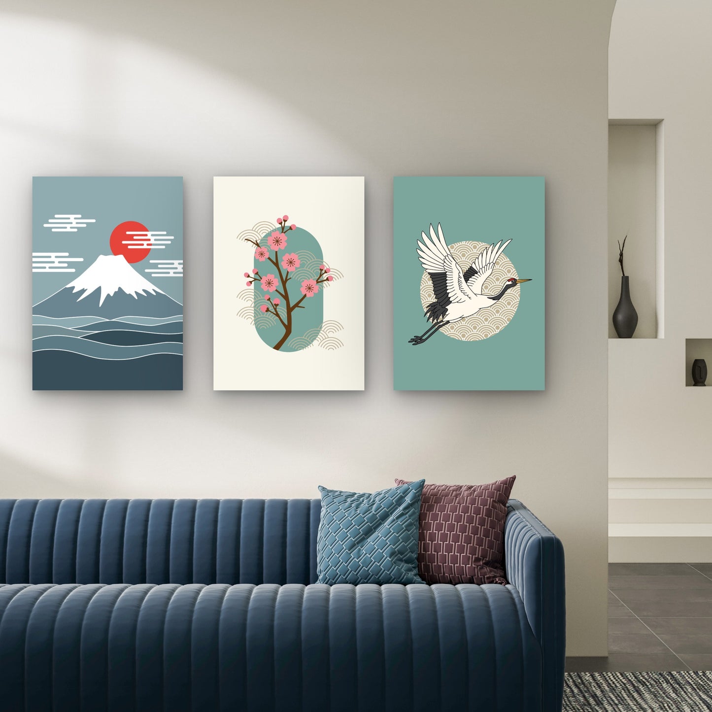 3pcs Japanese Mount Fuji Crane Asian Retro Wall Art Set Canvas Framed 40x60cm - High Quality Print 100% Australian Made Wall Canvas Ready to Hang