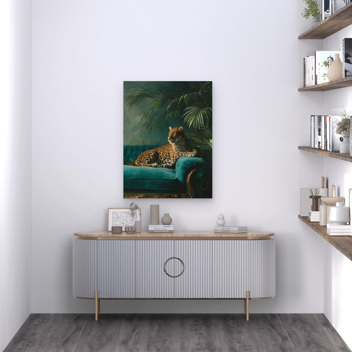 Leopard on Velvet Couch Metal Print Ready to Hang