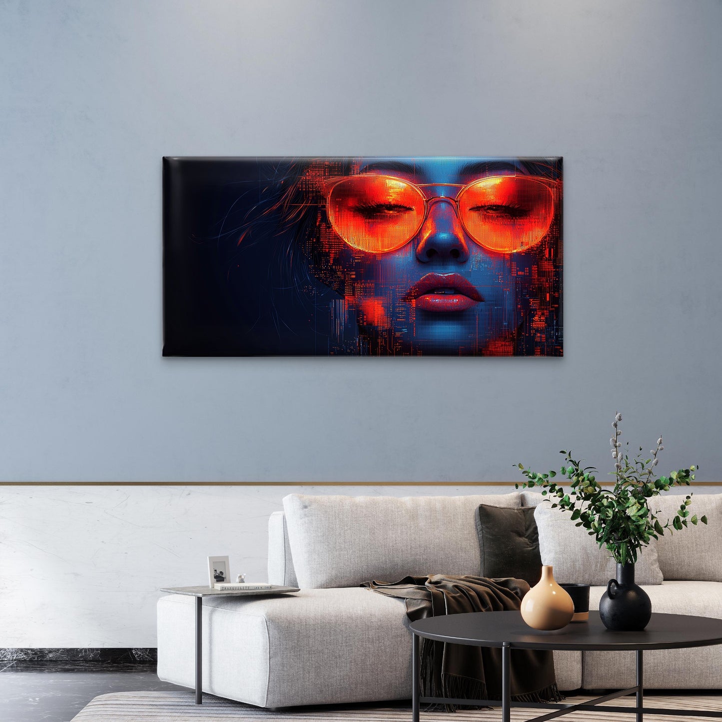 Cyberpunk Girl Neon Glasses Wall Art Canvas Office Home Room Framed 120x60cm