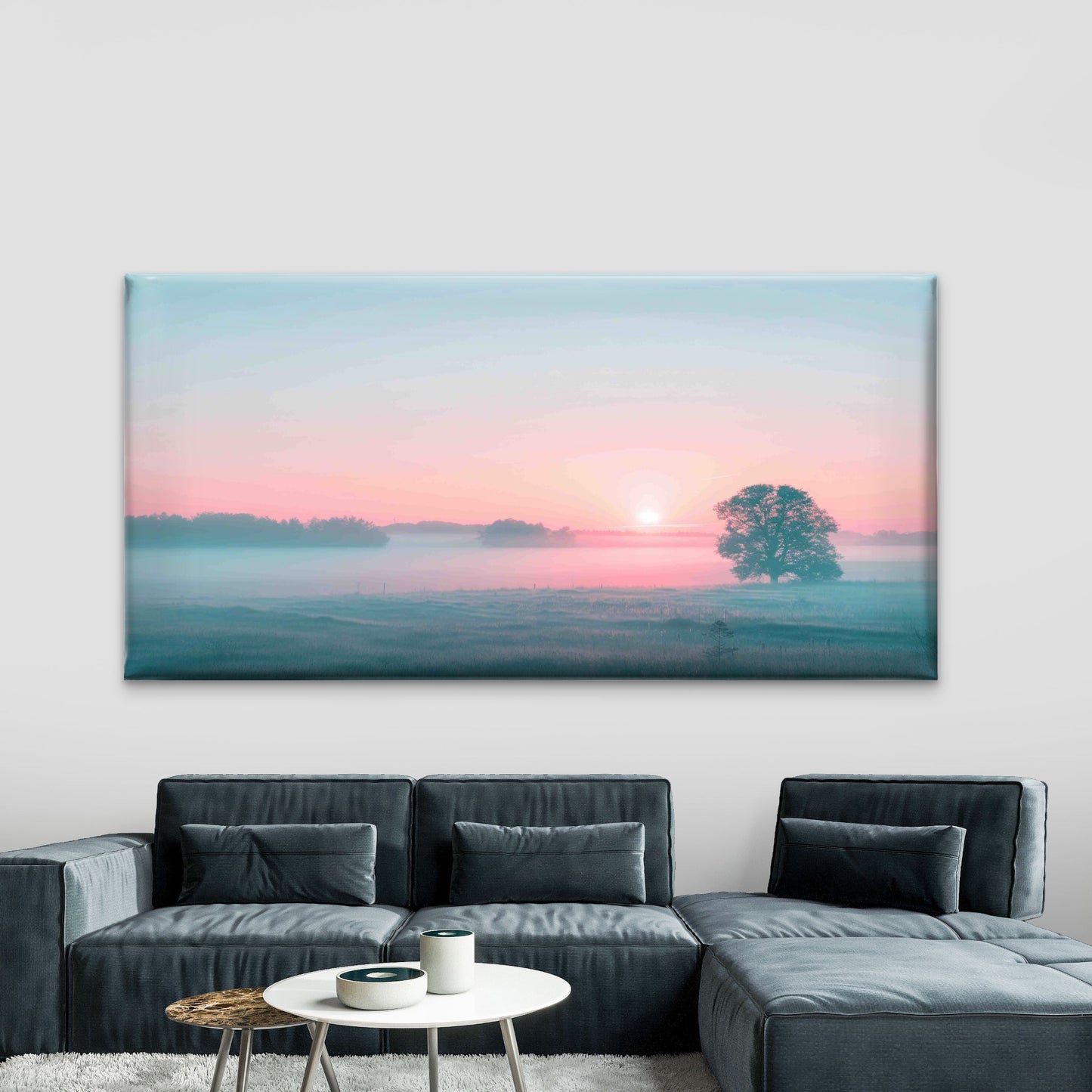 Sunrise Over a Misty Field Wall Art Canvas Office Home Room Framed 120x60cm