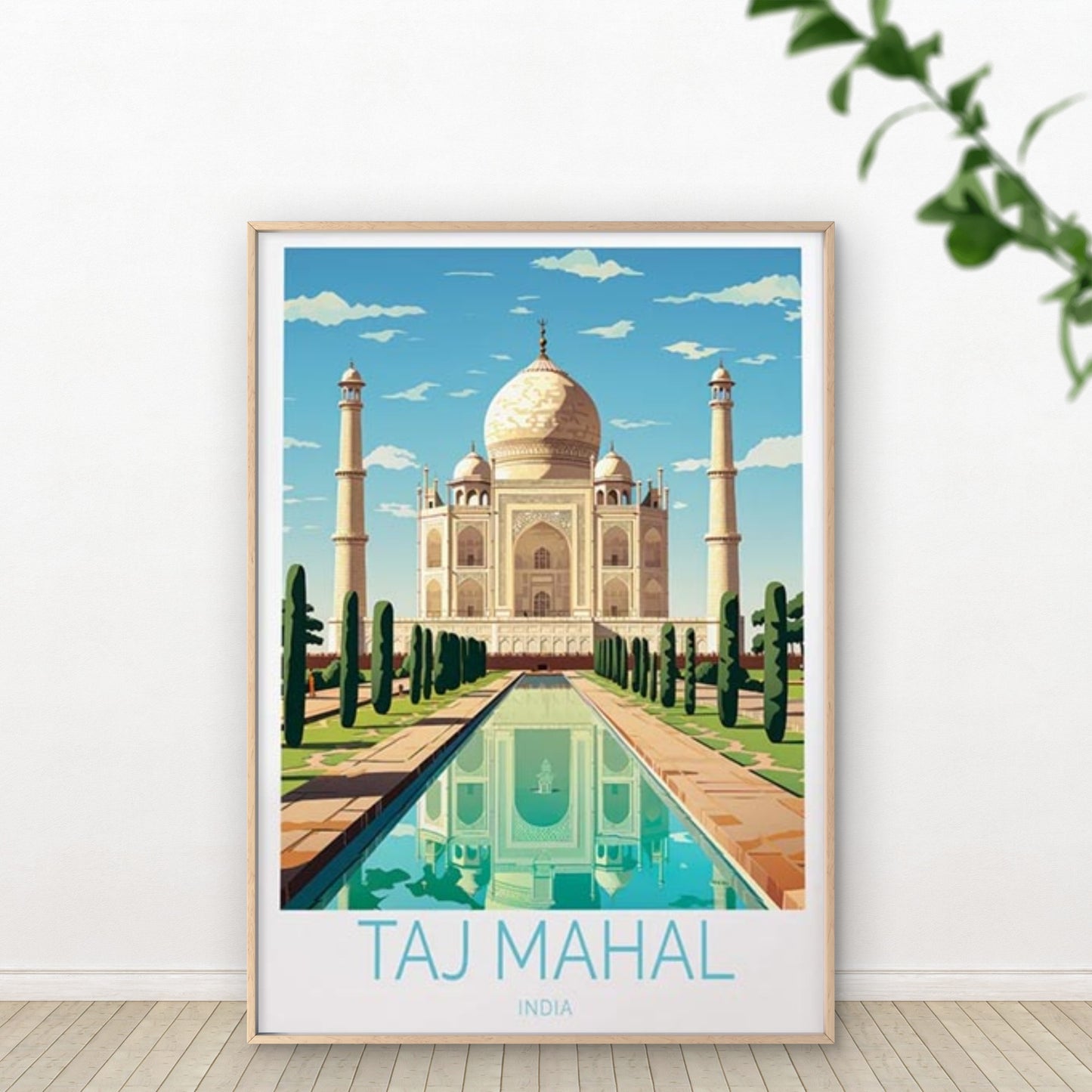 Taj Mahal India, Blue Sky & Trees Paint Travel Poster Print Wall Art