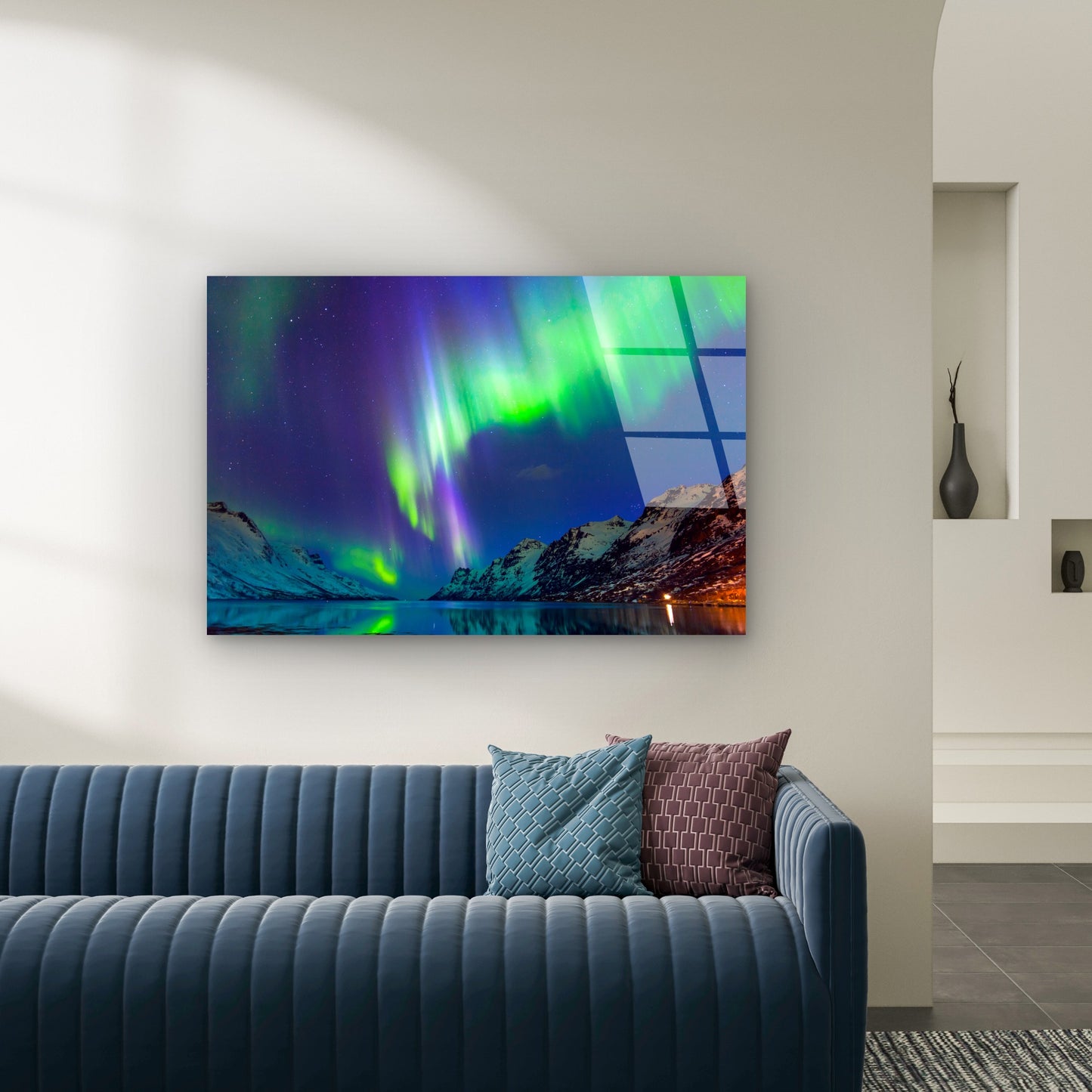Green Northern Lights Aurora Borealis Over Snowy Mountains Acrylic Glass Printing Wall Art Australian Made Quality