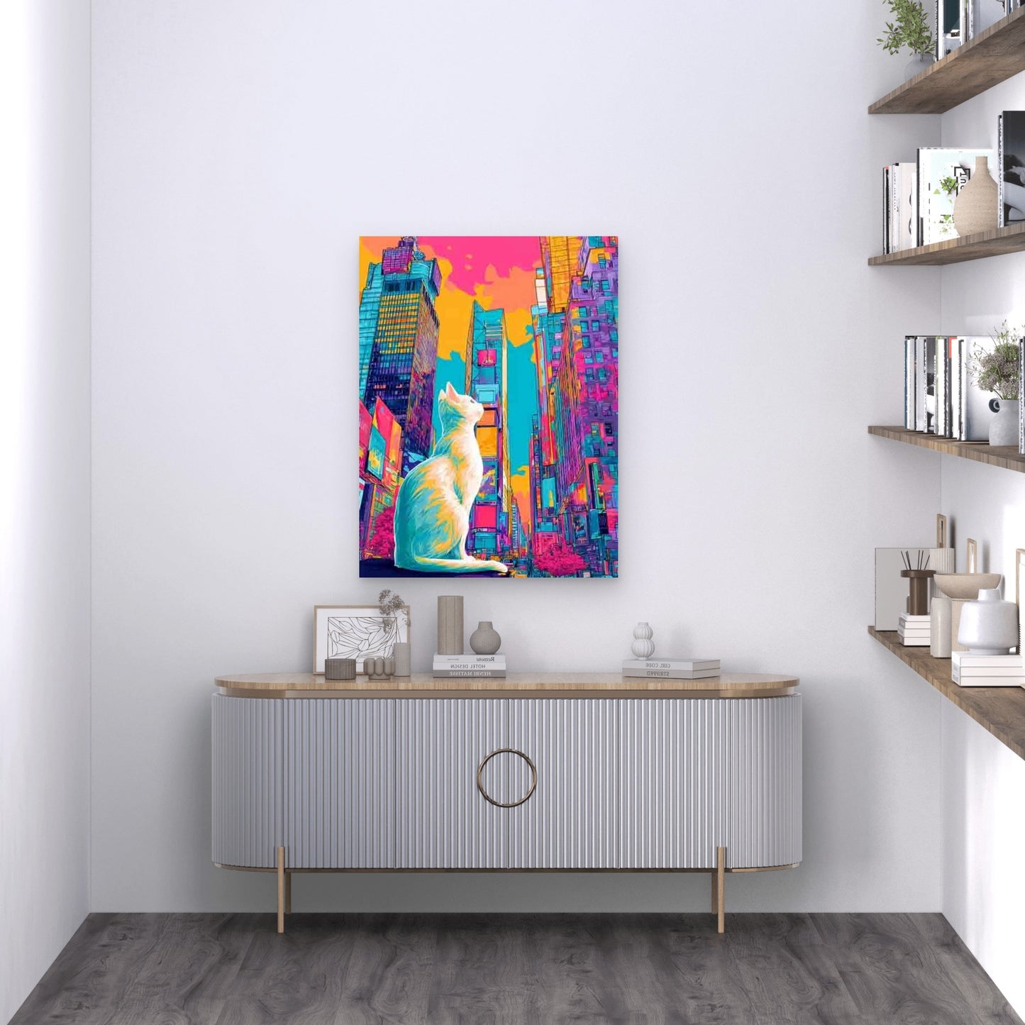Vibrant Neon Cityscape with Fluffy White Cat Metal Print Ready to Hang