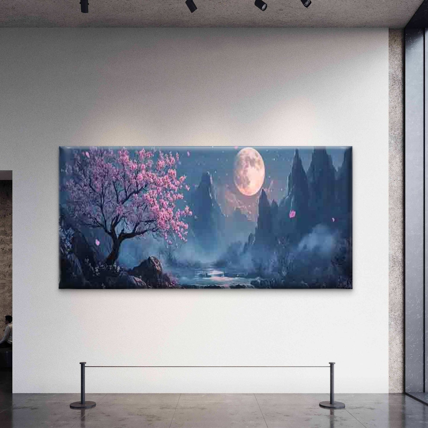 Asian Full Moon & Orchid Tree Wall Art Canvas Office Home Room Framed 120x60cm - Bella Home Decor