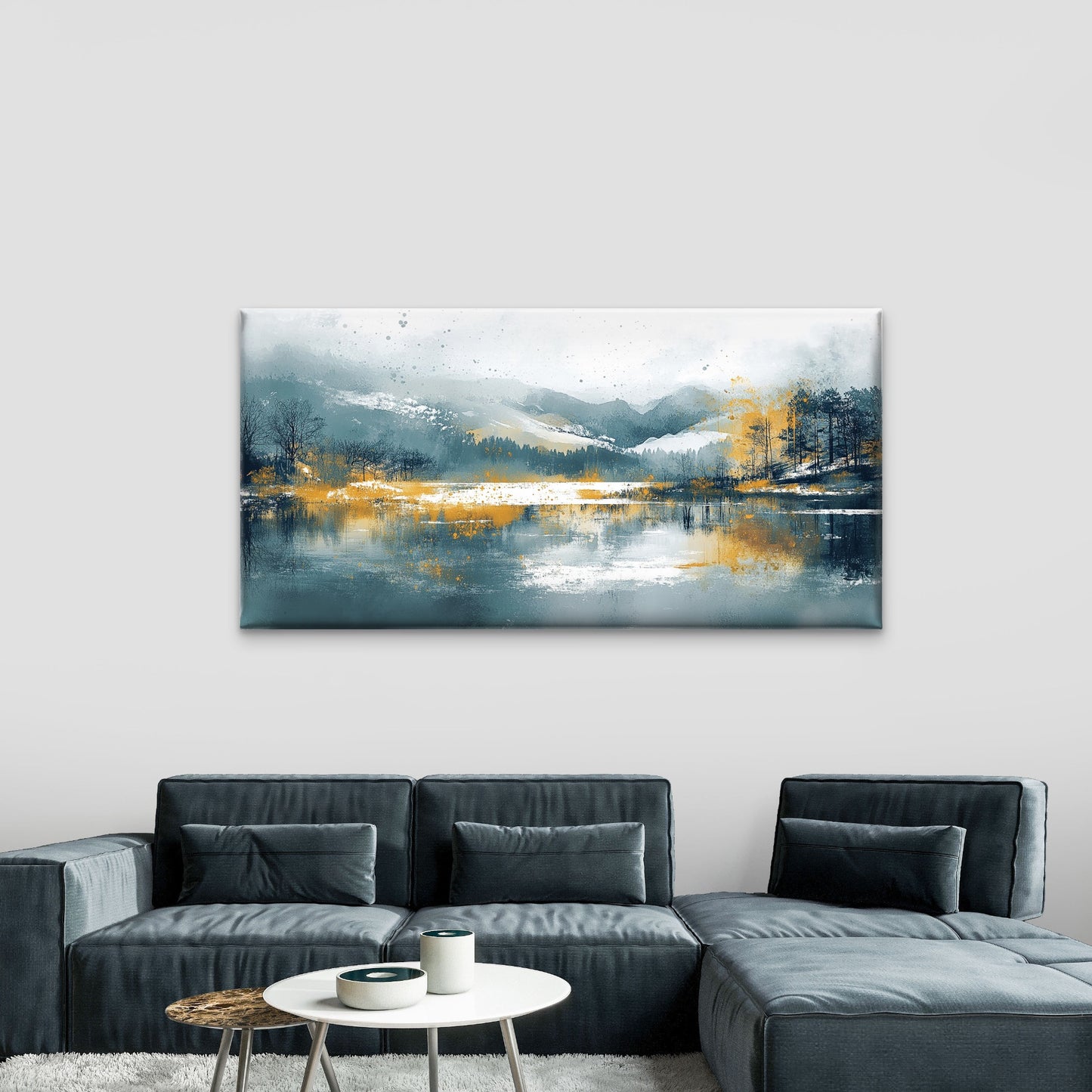 Mountain Lake Blue Grey Yellow Wall Art Canvas Office Home Room Framed 120x60cm