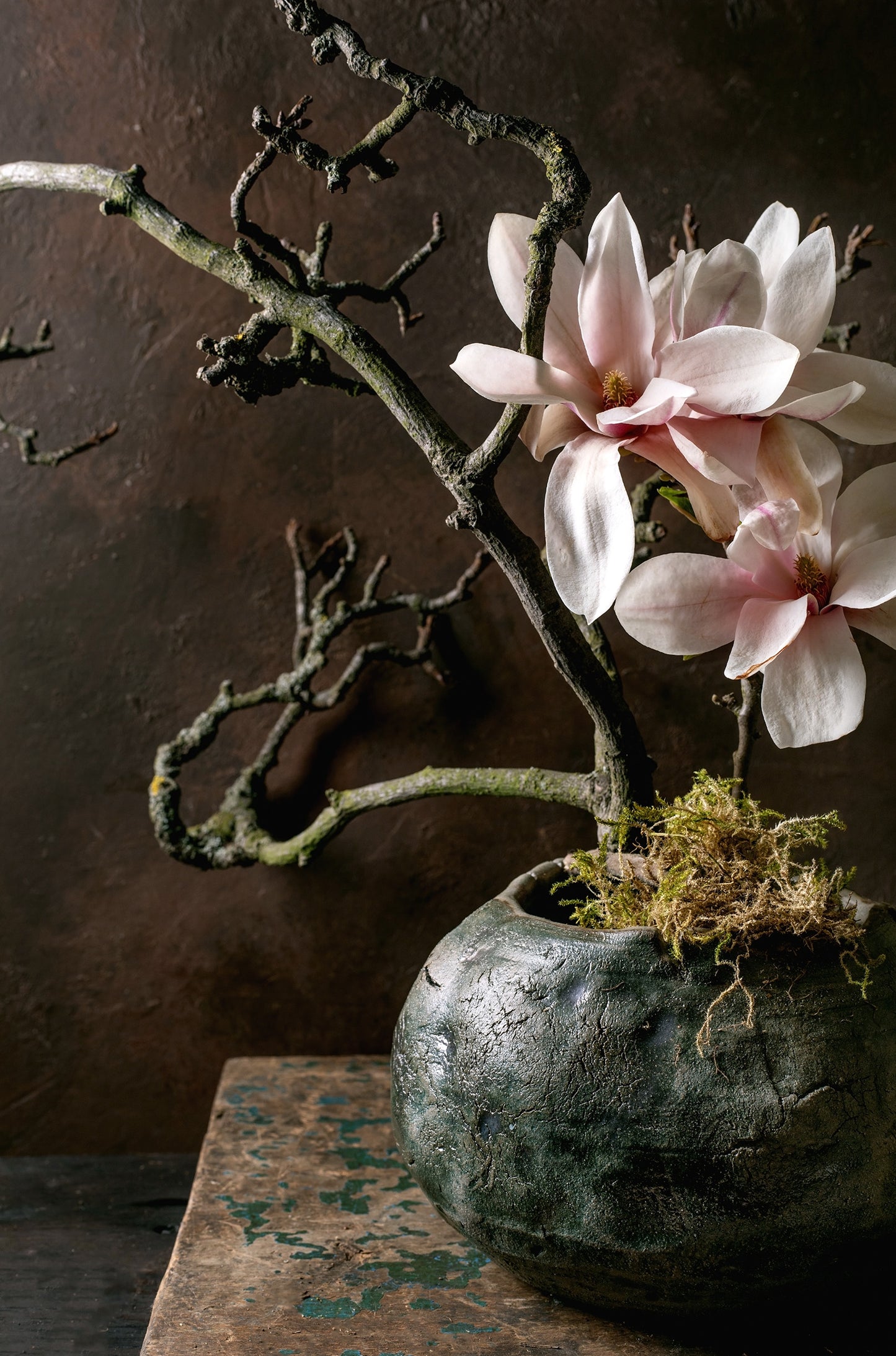 Blooming Magnolia Flower Branch Ikebana in Vase 60x90cm Metal Print Ready to Hang