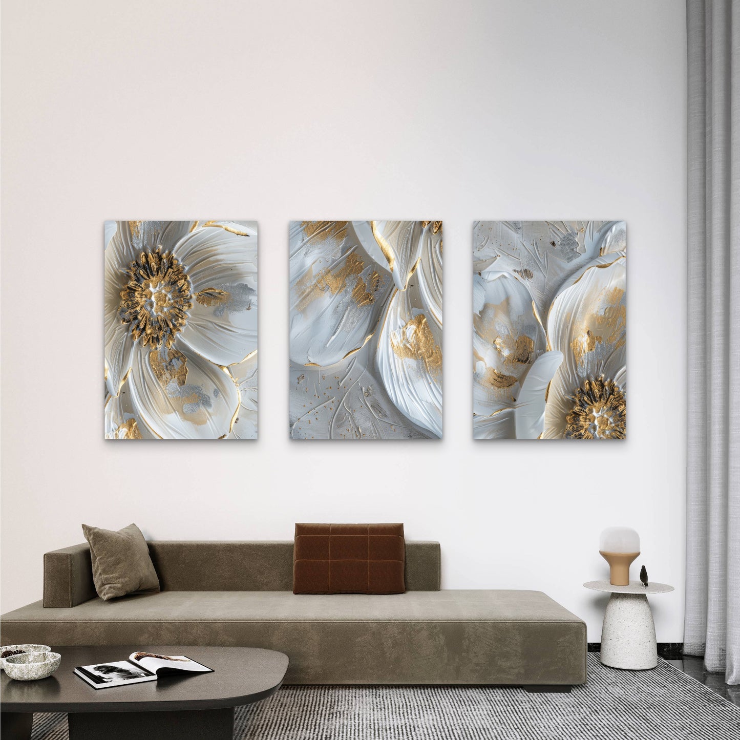 3pcs White Gold Floral Abstract Painting Wall Art Set Canvas Framed 50x70cm - High Quality Print 100% Australian Made Wall Canvas Ready to Hang