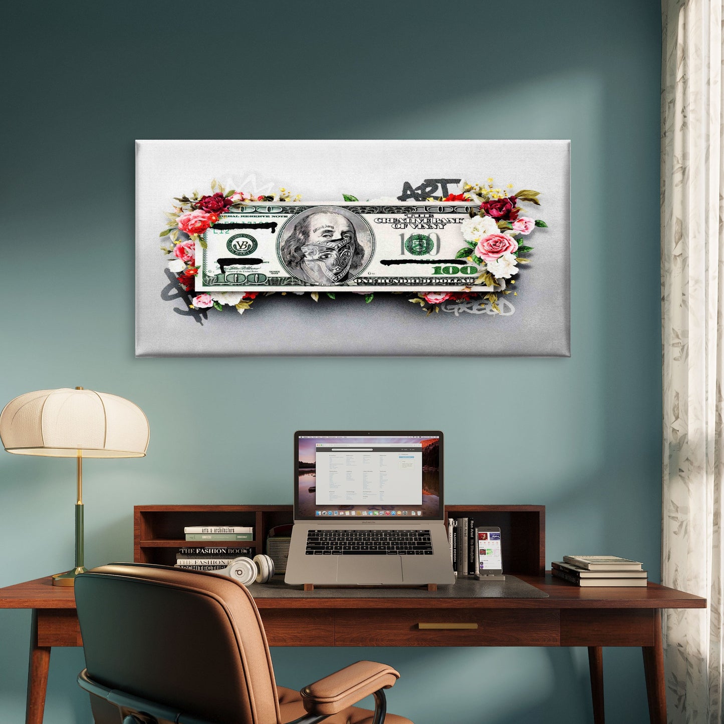Floral One Hundred Dollar Bill Wall Art Canvas Office Home Room Framed 120x60cm