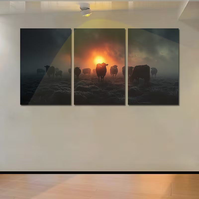 3pcs Rustic Sunset Cows and Sheep Wall Art Set Canvas Framed 40x60cm - High Quality Print 100% Australian Made Wall Canvas Ready to Hang