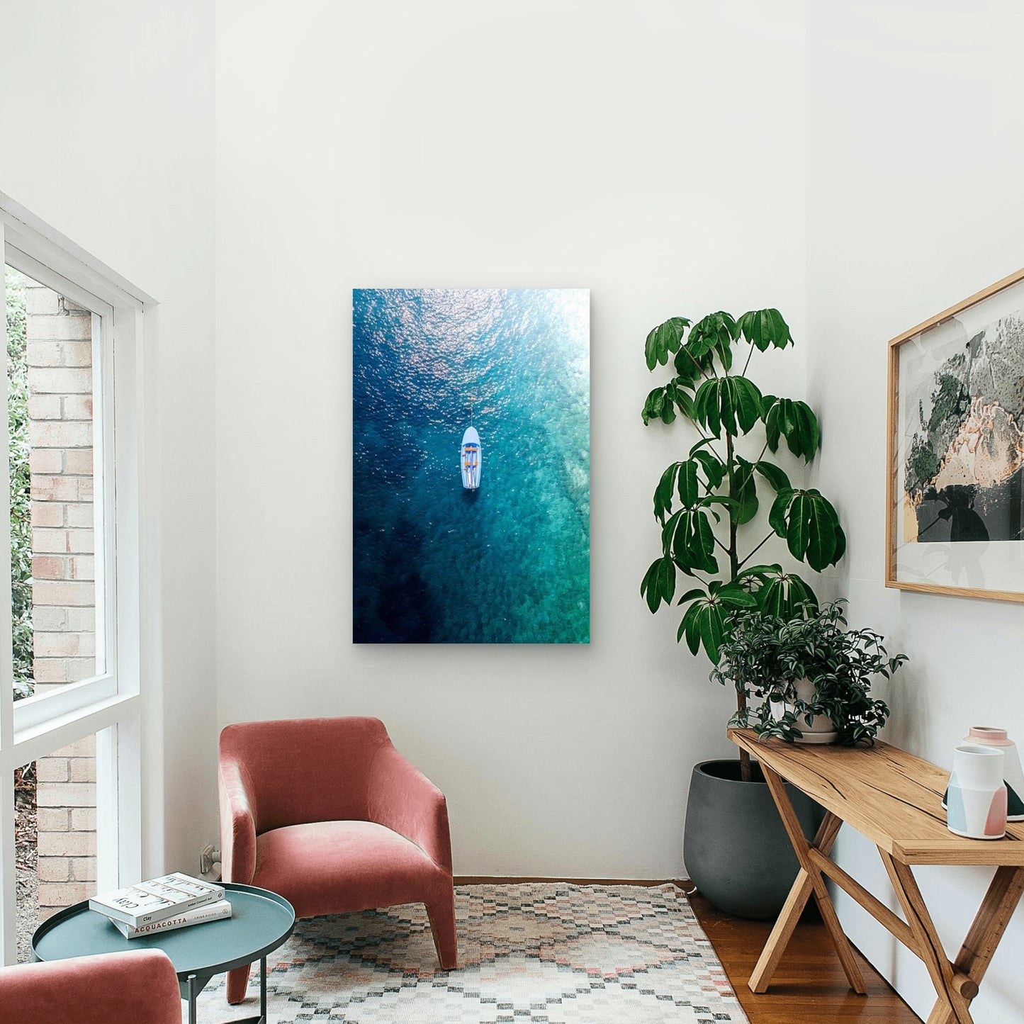 Aerial View Of A Moored Dinghy 40x60cm Metal Print Ready to Hang