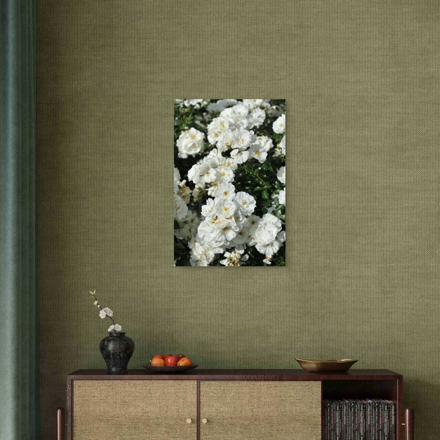 Elegant Blooming White Rose Bush 40x60cm Metal Print Ready to Hang
