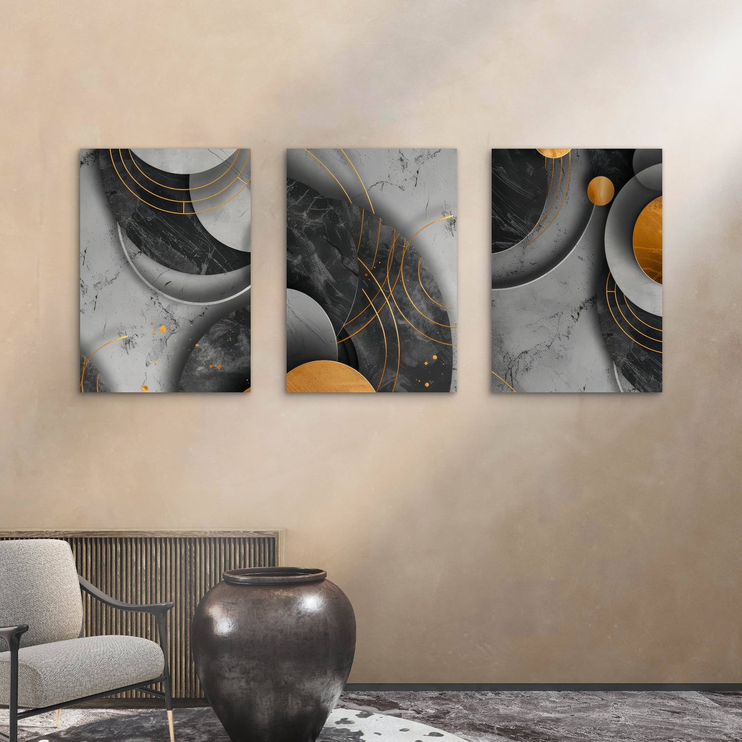 3pcs Grey Black Gold Geometric Line Abstract Wall Art Set Canvas Framed 60x90cm - High Quality Print 100% Australian Made Wall Canvas Ready to Hang