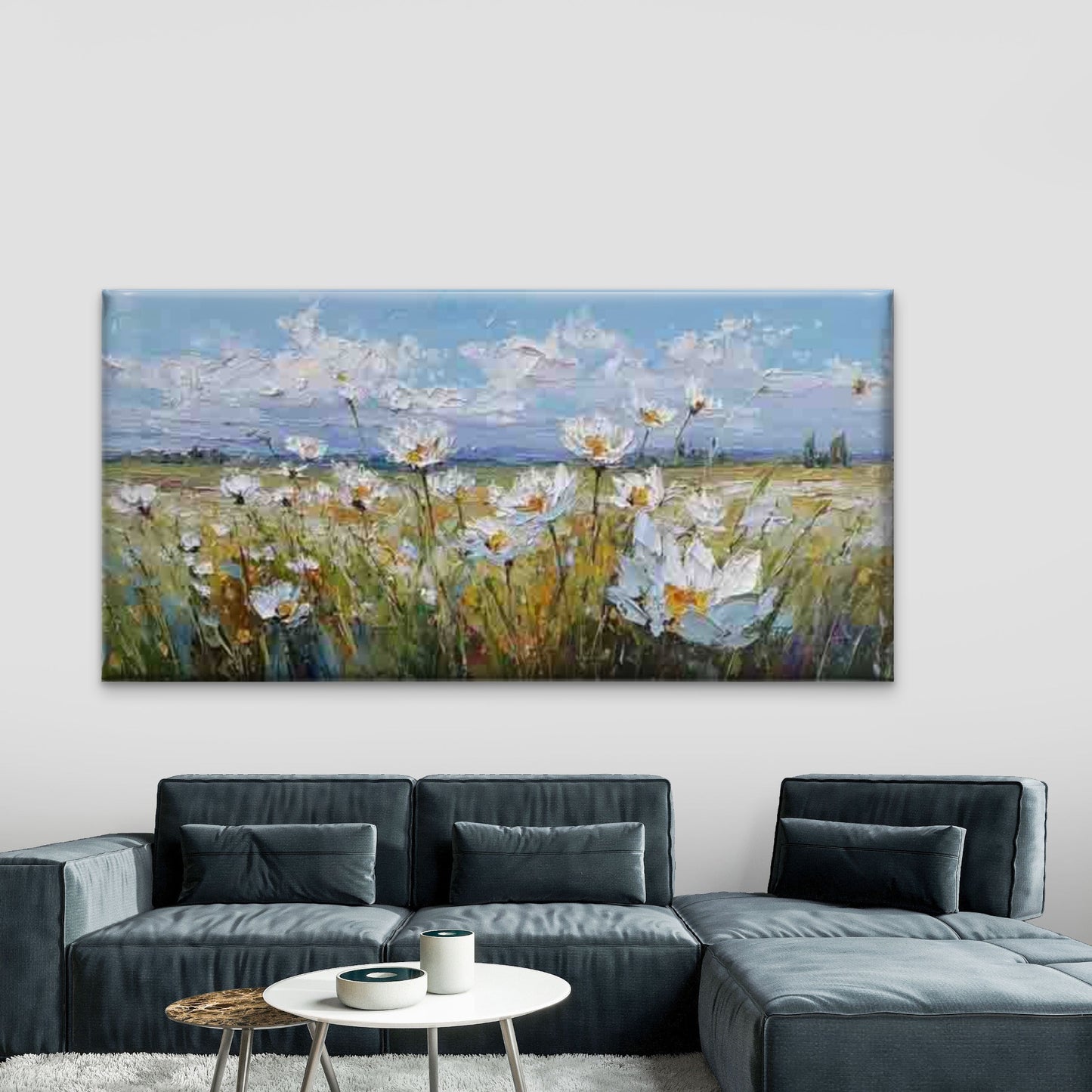 White Daisy Field Flowers Wall Art Canvas Office Home Room Framed 120x60cm
