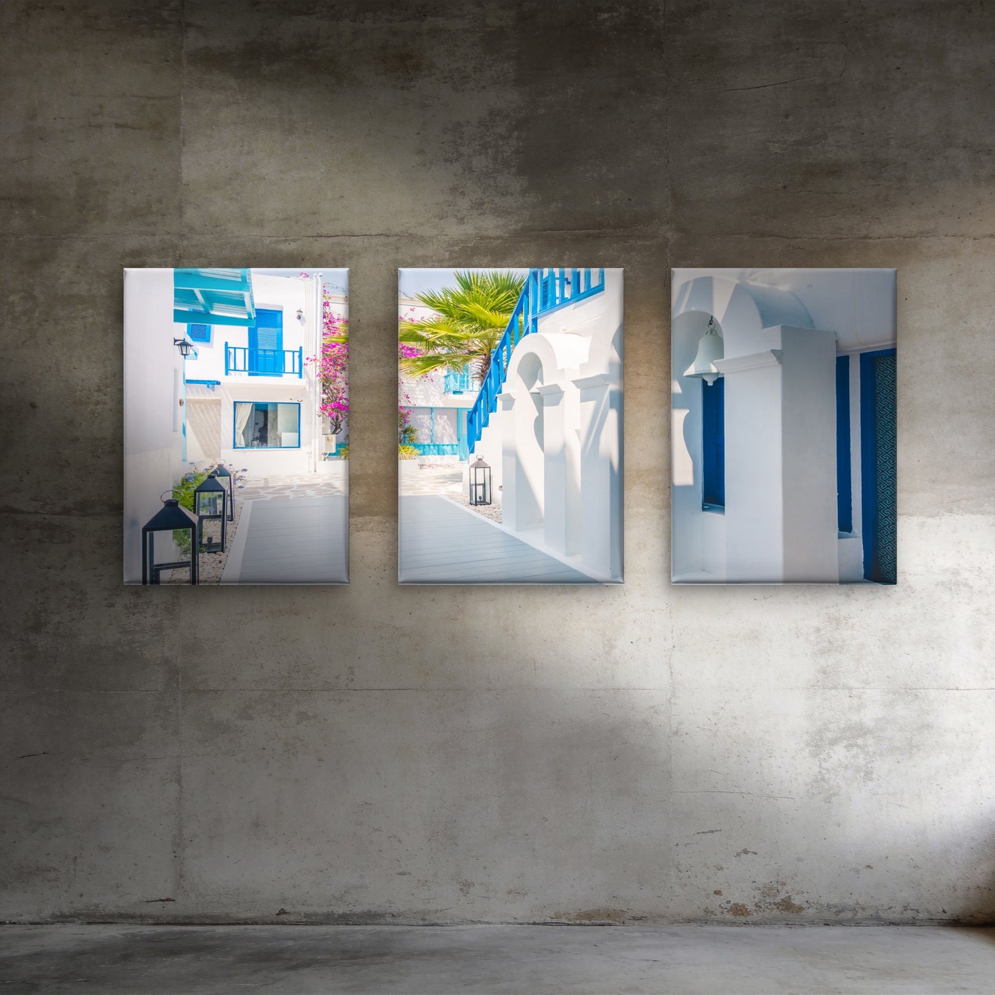 3pcs Greece Mykonos Street White Architecture Wall Art Set Canvas Framed 60x90cm - High Quality Print 100% Australian Made Wall Canvas Ready to Hang