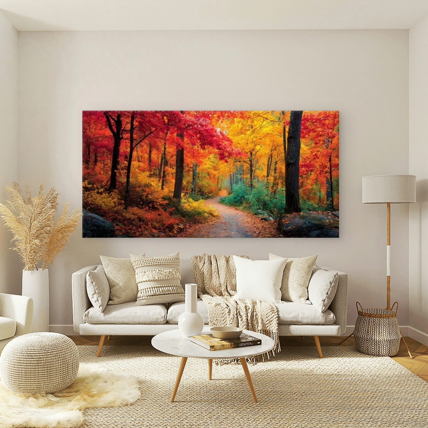 Vibrant Fall Forest Pathway Wall Art Canvas Office Home Room Framed 120x60cm