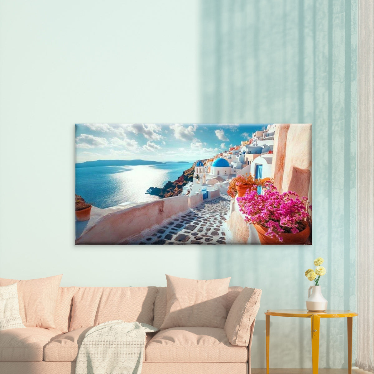 Santorini Island with Flowers Wall Art Canvas Office Home Room Framed 120x60cm