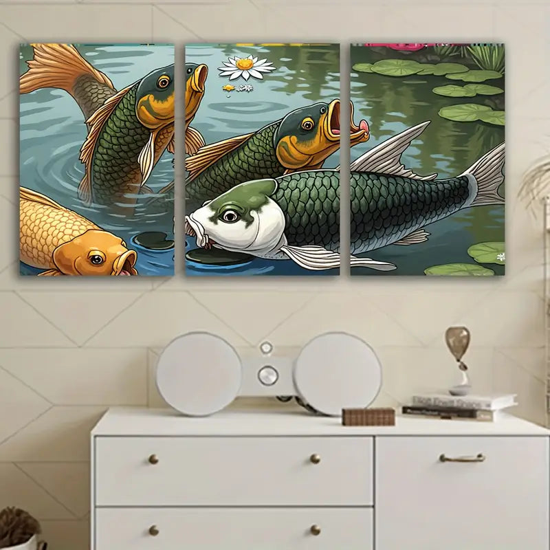3pcs Satin Fish Swim Artistic Poster Wall Art Set Canvas Framed 40x60cm - High Quality Print 100% Australian Made Wall Canvas Ready to Hang