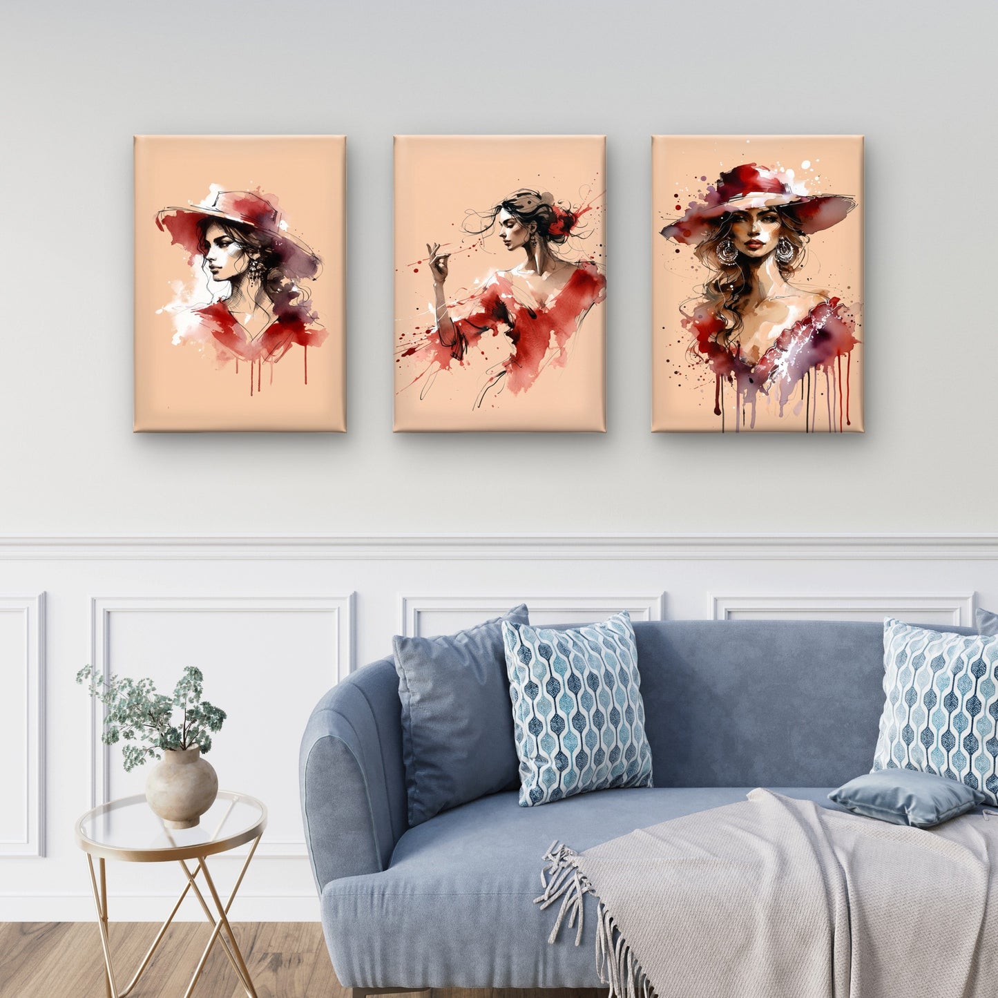 3pcs Red Dress Spanish Flamenco Woman Painting Wall Art Set Canvas Framed 50x70cm - High Quality Print 100% Australian Made Wall Canvas Ready to Hang