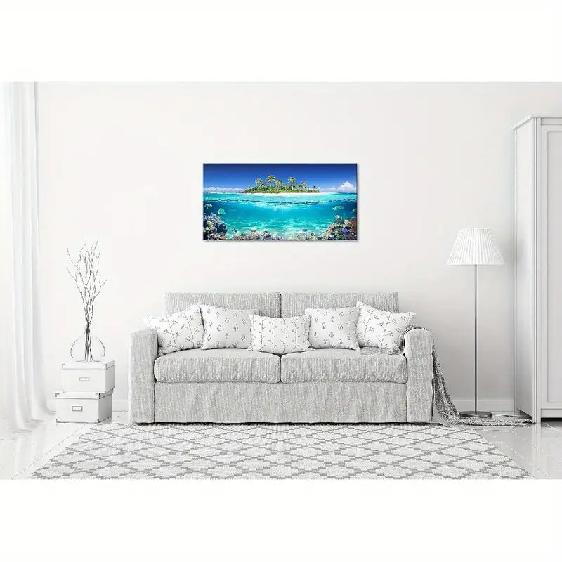 Vibrant Tropical Oceanic Split Waterline Scenery Palm Trees & Coral Reefs Wall Art canvas office home room framed 120x60cm - Bella Home Decor