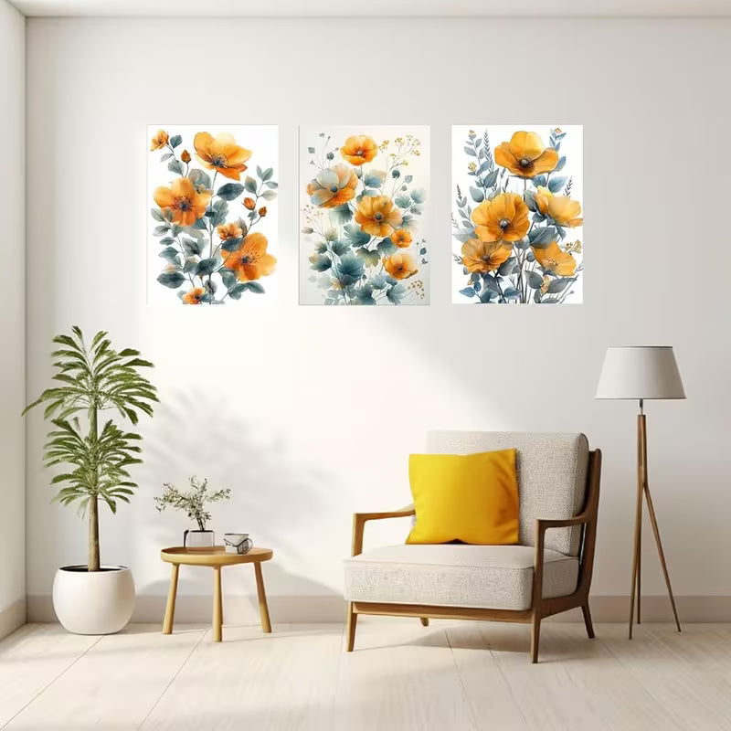 3pcs Yellow And Grey Flowers Botanical Art Wall Art Set Canvas Framed 40x60cm - High Quality Print 100% Australian Made Wall Canvas Ready to Hang