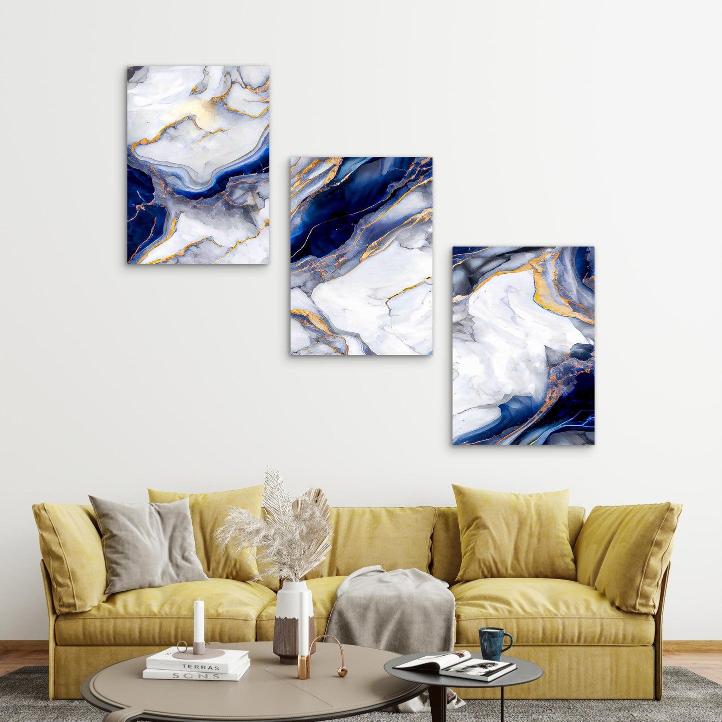 3pcs Abstract Marble Navy Blue, White, And Gray Metal Print Ready to Hang Art