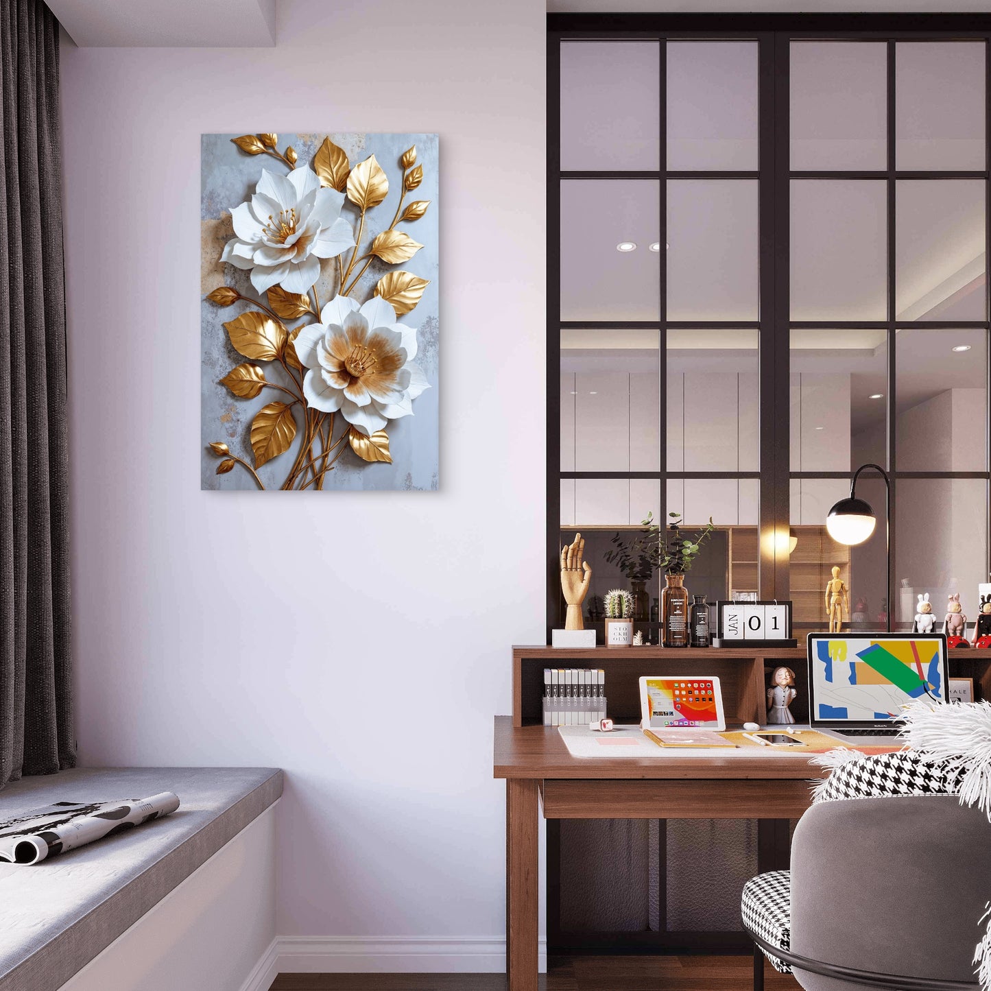 White Flower Gold Leaf 3D Floral Lotus Decor 40x60cm Metal Print Ready to Hang