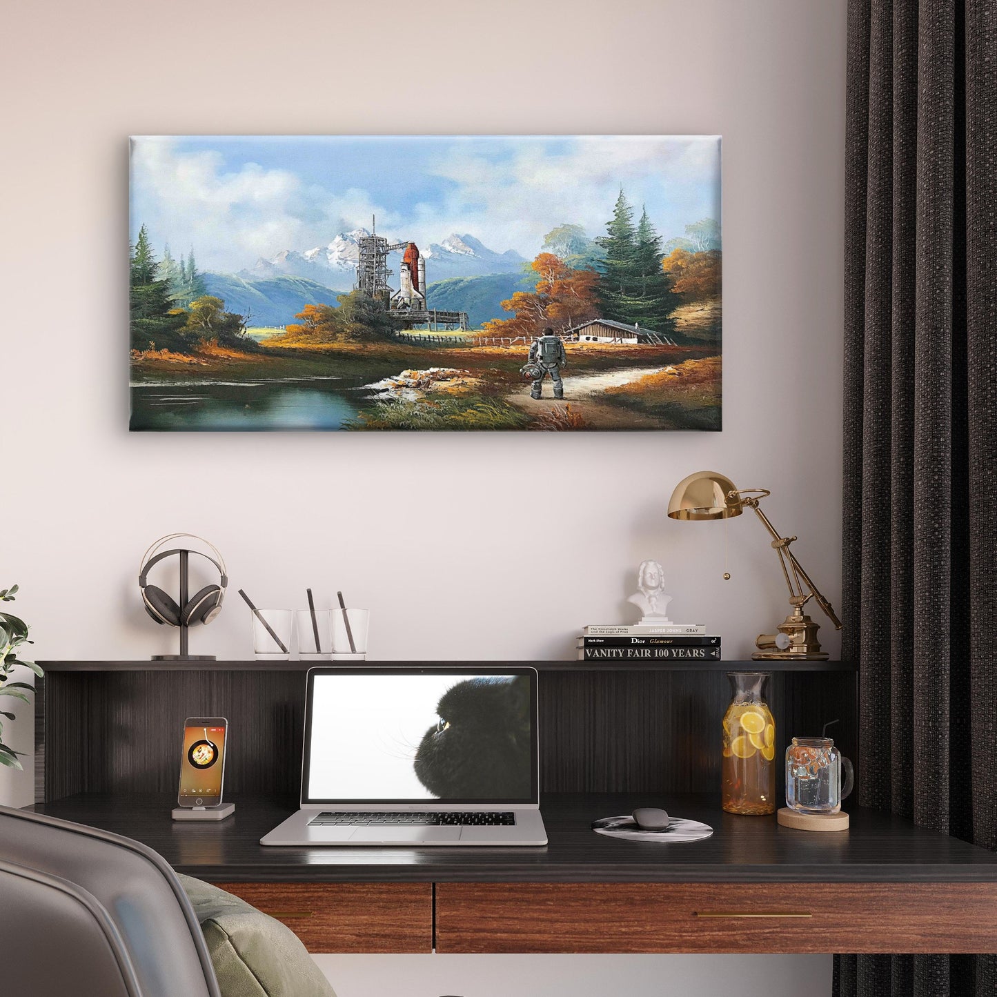 Vintage Mountain Cabin Space Wall Art Canvas Office Home Room Framed 120x60cm