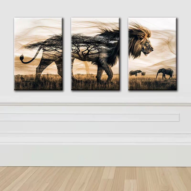 3pcs Male Lion Forest illustration Wall Art Set Canvas Framed 40x60cm - High Quality Print 100% Australian Made Wall Canvas Ready to Hang
