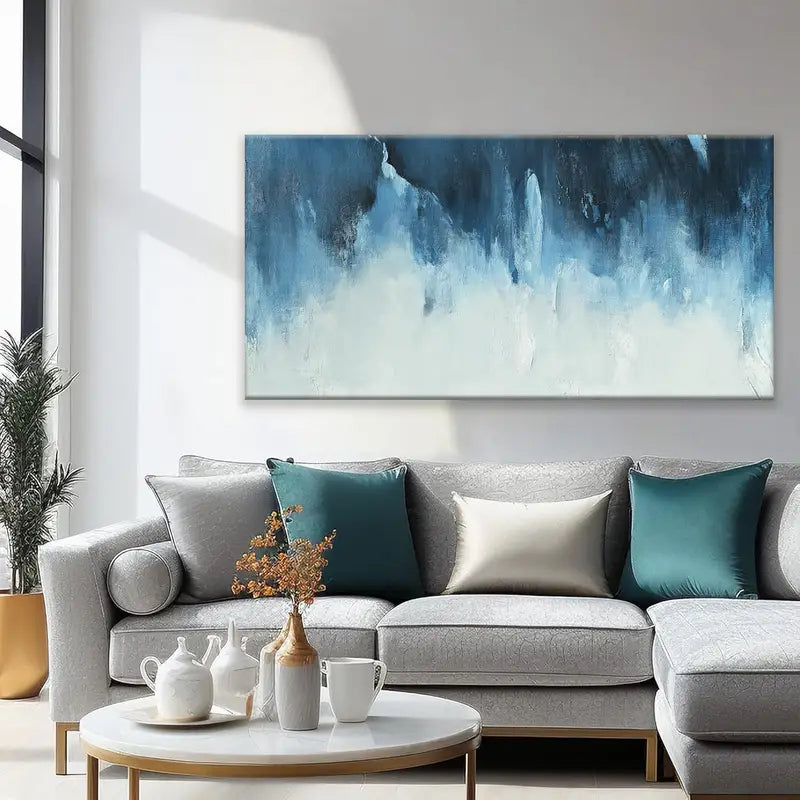Modern Abstract White & Blue Wall Art canvas office home room framed 120x60cm - Bella Home Decor